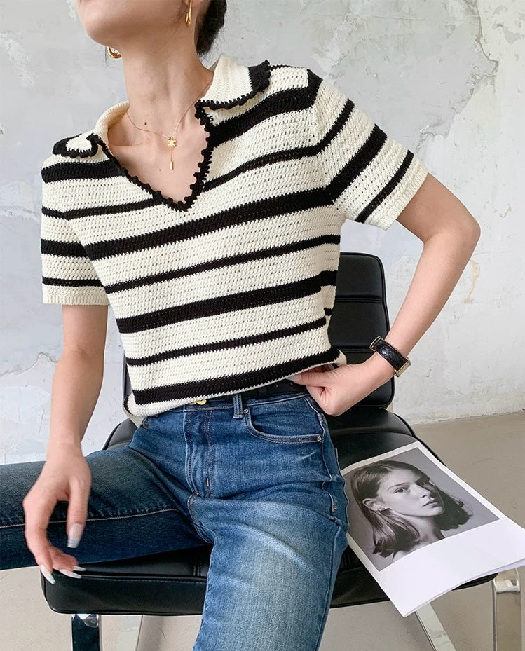 Striped Knit Polo Top in White/Black