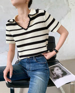 Load image into Gallery viewer, Striped Knit Polo Top in White/Black
