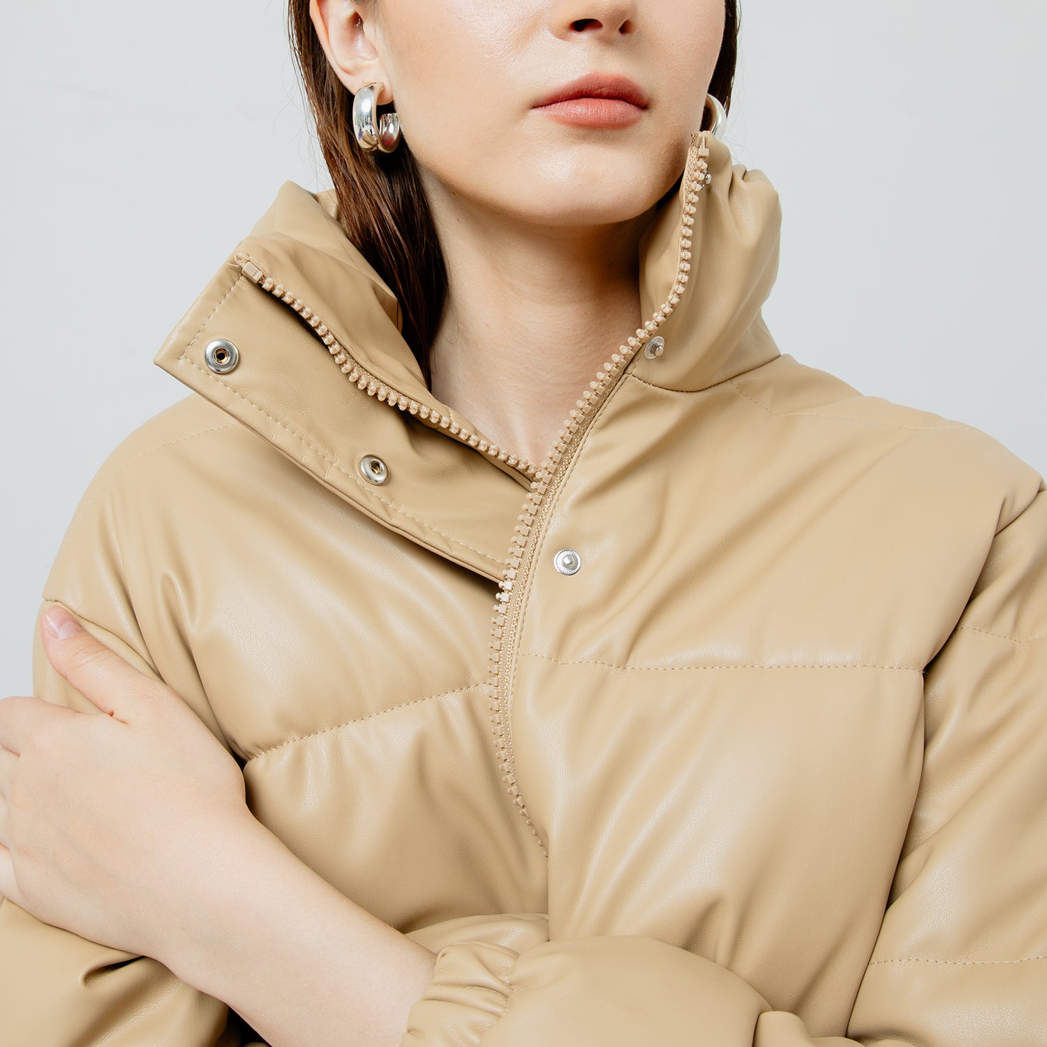 Lyra Quilted Faux Leather Jacket in Creme