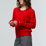 Load image into Gallery viewer, Nemi Feather Trim Knit Cardigan in Red
