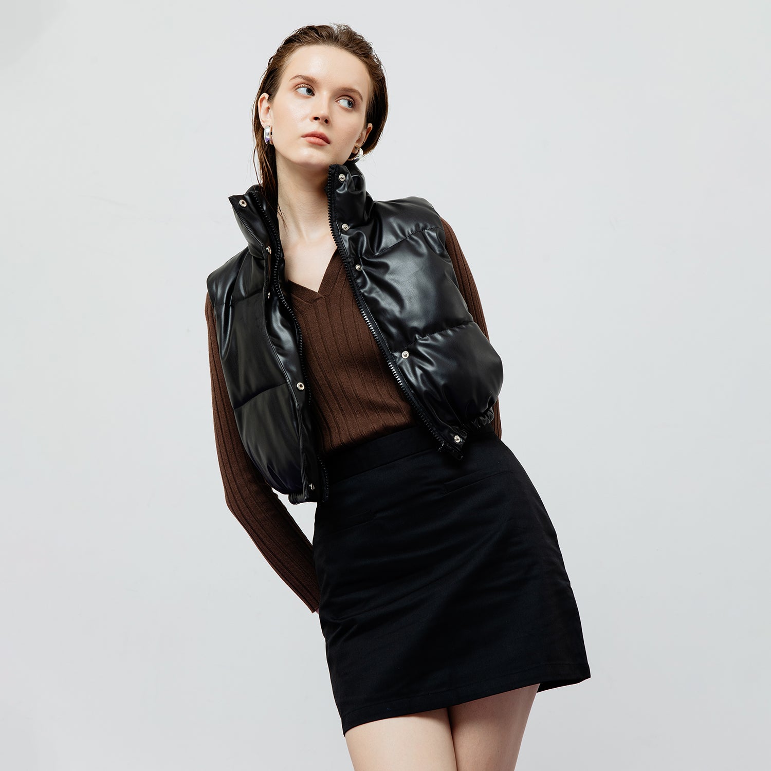 Riley Quilted Faux Leather Vest in Black