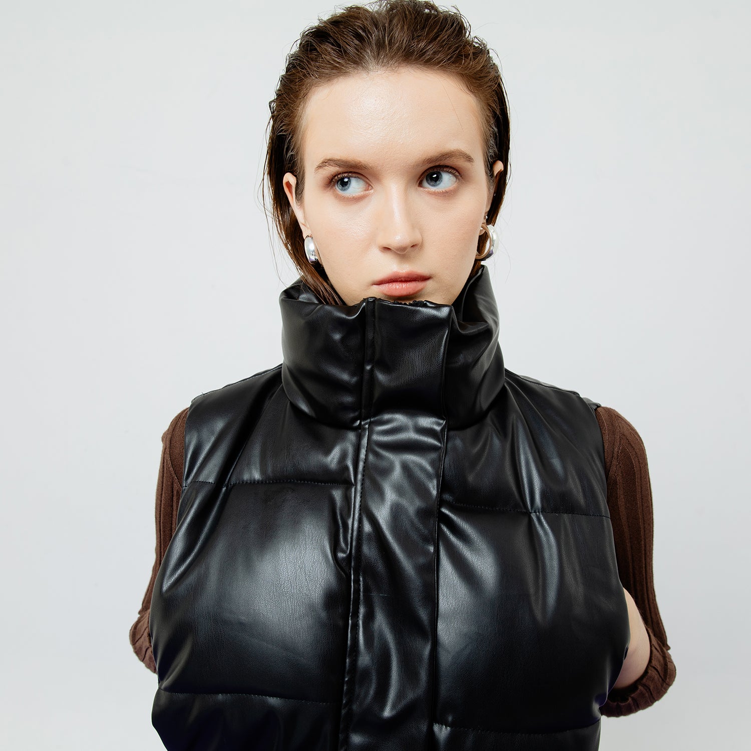 Riley Quilted Faux Leather Vest in Black