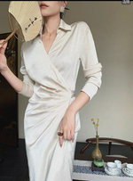 Load image into Gallery viewer, [Ready Stock] Satin Textured Wrap Shirt Dress in Cream
