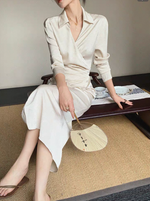 Load image into Gallery viewer, [Ready Stock] Satin Textured Wrap Shirt Dress in Cream
