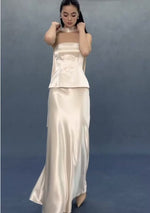 Load and play video in Gallery viewer, Satin Gathered Peplum Top// Maxi Skirt [2 Colours]
