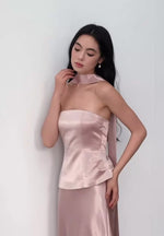 Load and play video in Gallery viewer, Satin Halter Bustier Top// Maxi Skirt in Pink

