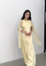 Load and play video in Gallery viewer, Multi-Way Sheer Drape Satin Gown in Yellow
