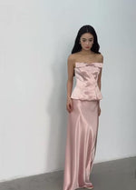 Load and play video in Gallery viewer, Satin Bow Bustier Peplum Top in Pink
