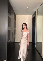 Load and play video in Gallery viewer, Gathered Cami Satin Gown in Champagne
