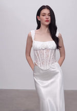 Load and play video in Gallery viewer, Lace Satin Bustier Top// Maxi Slip Skirt in White
