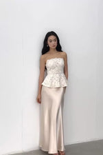 Load and play video in Gallery viewer, Peplum Lace Sheer Top// Maxi Skirt Set in Champagne
