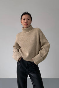 Roll Over Turtleneck Ribbed Sweater - Latte
