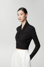 Load image into Gallery viewer, Gathered Wrap Cropped Stretch Top in Black
