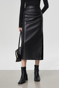 High Waist Pleather Midi Slit Skirt in Black