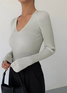 Classic V Ribbed Long Sleeve Top - Sage