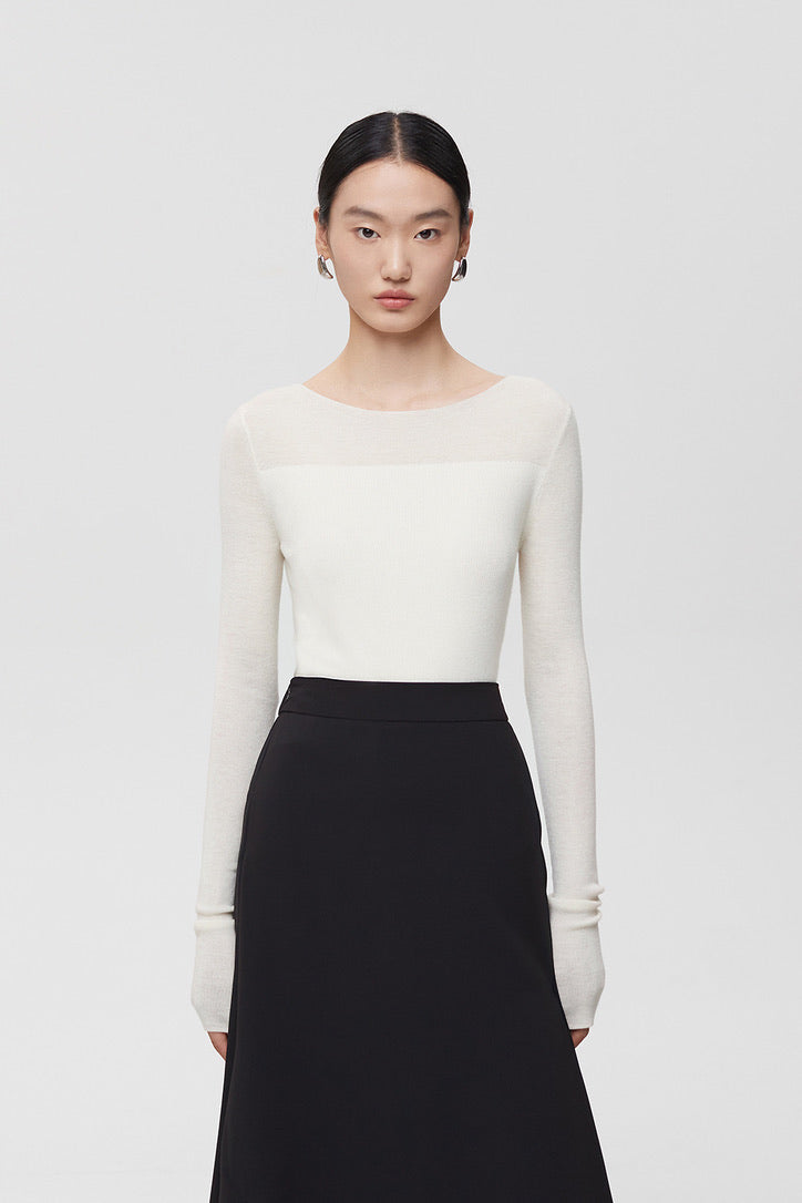 Wool Blend Duo Tone Knitted Top in White