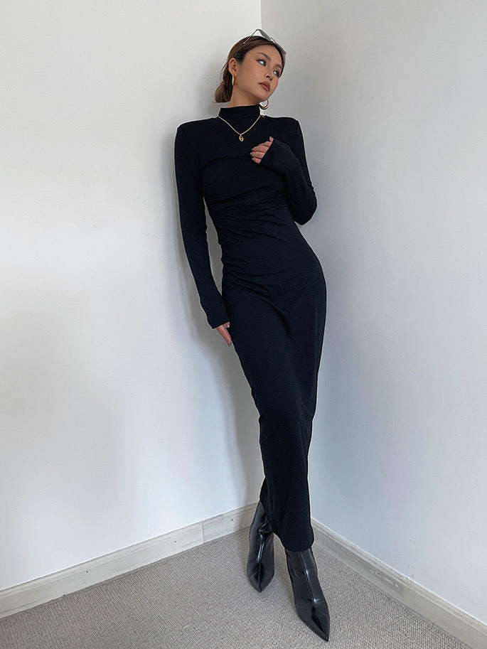 High Neck Bodycon Long Sleeve Maxi Dress - Black