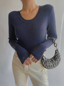 Wool Blend Knit Long Sleeve Top - Blue