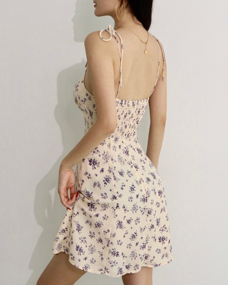 Lilia Floral Cami Tie Strap Mini Dress in Cream