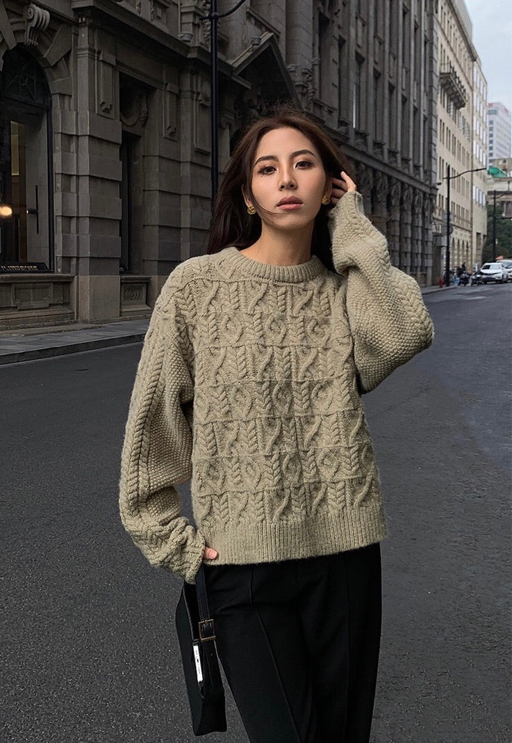 Relaxed Cable Knit Sweater in Khaki