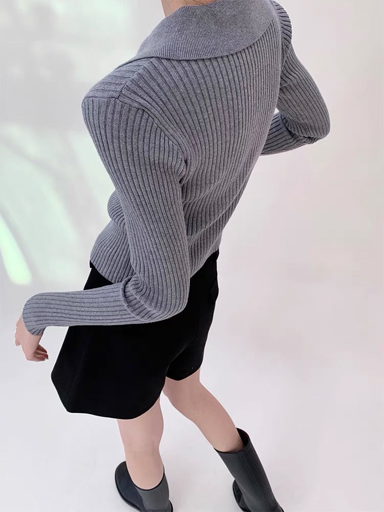 2-way Zip Ribbed Sweater in Grey