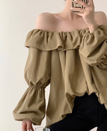 Load image into Gallery viewer, Off Shoulder Bubble Gathered Top in Khaki
