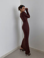 Load image into Gallery viewer, Wide Neck Long Sleeve Mermaid Maxi Dress - Brown
