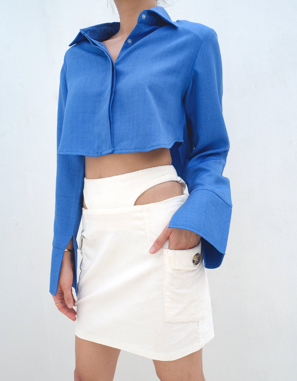 Upcycled Hailey Poplin Cropped Shirt - Blue