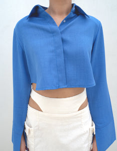 Upcycled Hailey Poplin Cropped Shirt - Blue