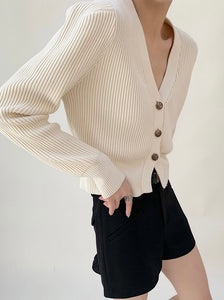 V Ribbed Contrast Button Cardigan in Cream