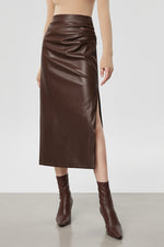 Load image into Gallery viewer, High Waist Pleather Midi Slit Skirt in Brown
