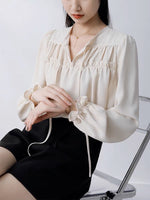 Load image into Gallery viewer, Ribbon Tie Gathered Blouson Blouse in Beige
