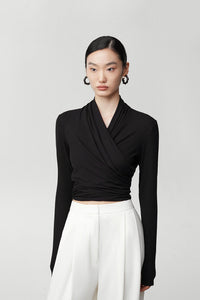 Gathered Wrap Cropped Stretch Top in Black