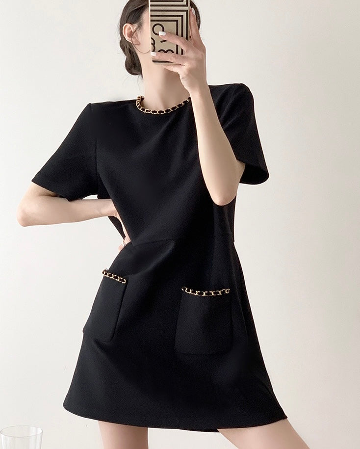 Chain Detail Pocket Shift Dress in Black