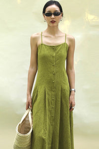 Textured Button Cami Midi Dress in Green