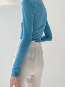 Asymmetric Wavy Long Sleeve Knit Top - Blue