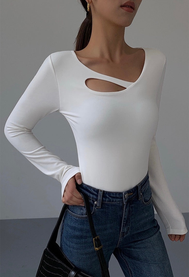Disc Cutout Long Sleeve Top in White