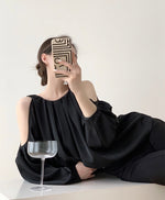 Load image into Gallery viewer, Shoulder Cutout Gather Blouse in Black
