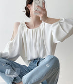 Load image into Gallery viewer, Shoulder Cutout Gather Blouse in White
