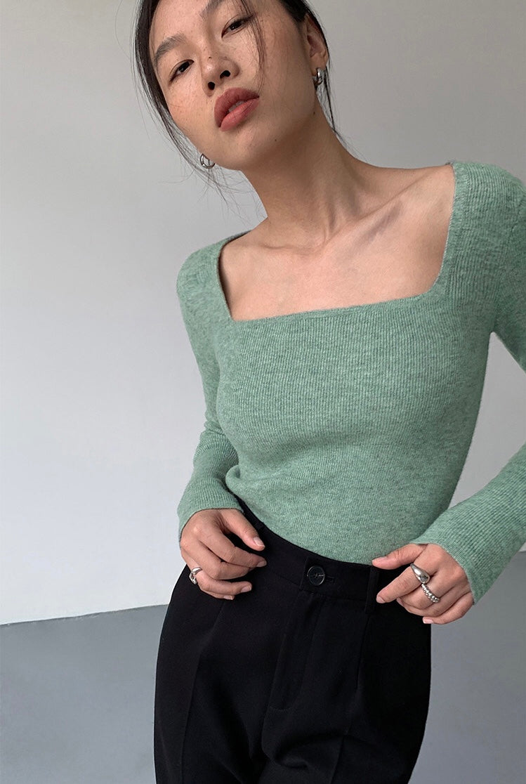Wide Square Neck Melange Knit Top in Green – LEXI + LOU