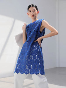 Laser Cut Crochet Sleeveless Dress in Blue