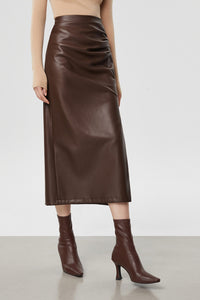 High Waist Pleather Midi Slit Skirt in Brown