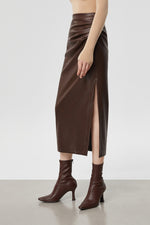 Load image into Gallery viewer, High Waist Pleather Midi Slit Skirt in Brown

