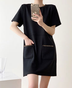 Chain Detail Pocket Shift Dress in Black