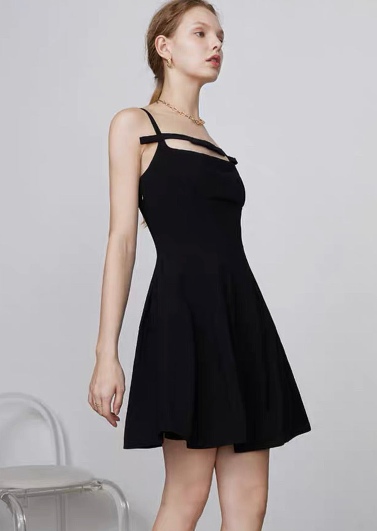 Cutout Bow Cami Mid Dress in Black