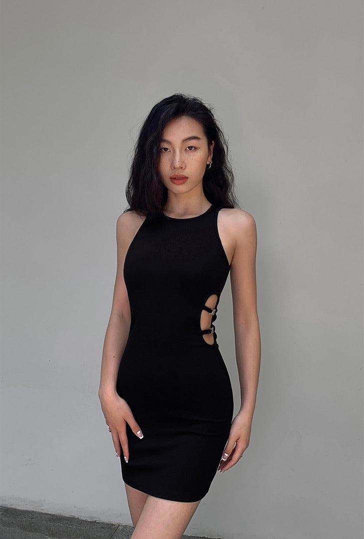 Side Buckle Cutout Bodycon Mini Dress in Black
