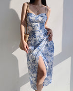 Load image into Gallery viewer, Porcelein Floral Wrap Tie Strap Slit Dress in Blue
