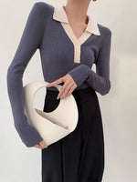 Load image into Gallery viewer, Contrast Collar Polo Knit Top
