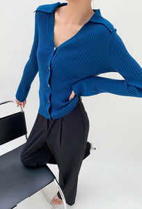 V Wide Collar Button Ribbed Top