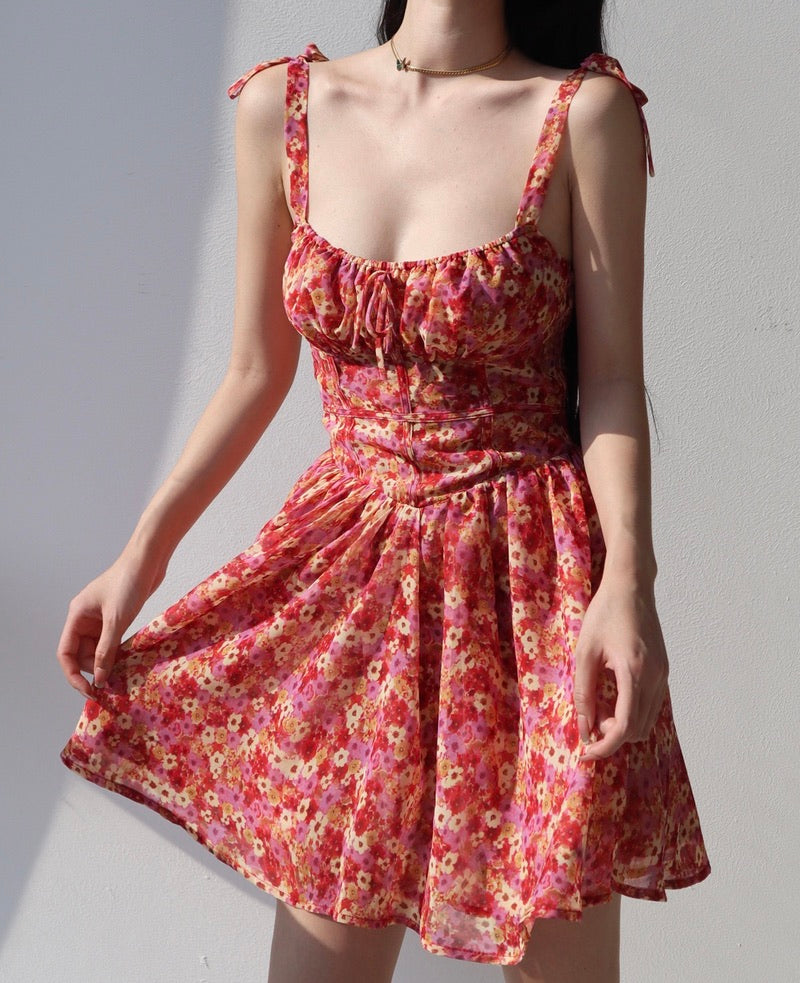 Zonal Floral Tie Strap Mini Dress in Red